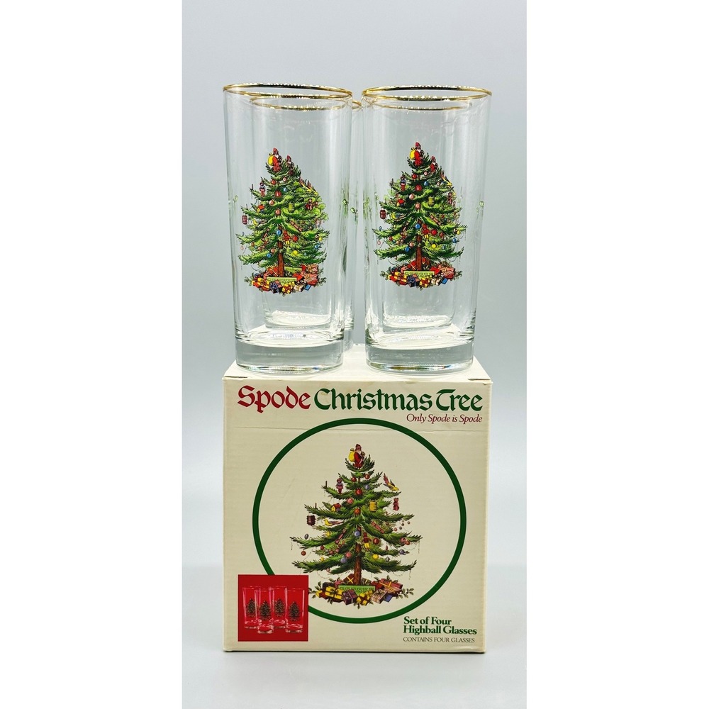 Spode Christmas Tree Highball Glasses Tumblers Clear Gold Rim Set of 4 Boxed